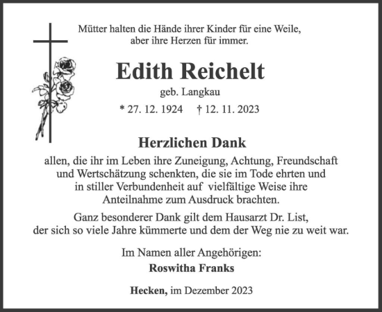 Traueranzeige von Edith Reichelt von WochenSpiegel