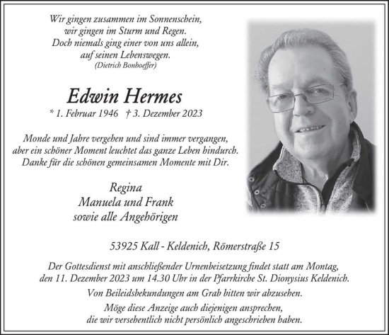 Traueranzeige von Edwin Hermes von WochenSpiegel