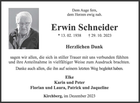 Traueranzeige von Erwin Schneider von WochenSpiegel