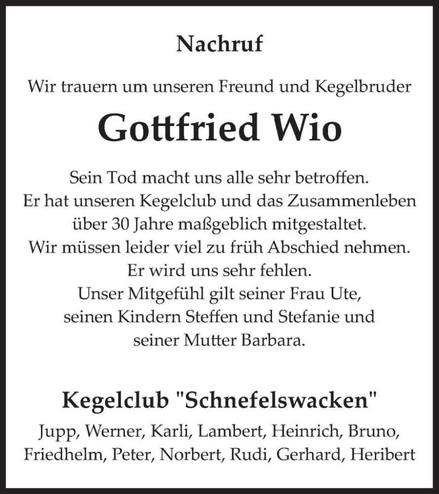  Traueranzeige für Gottfried Wio vom 15.12.2023 aus WochenSpiegel