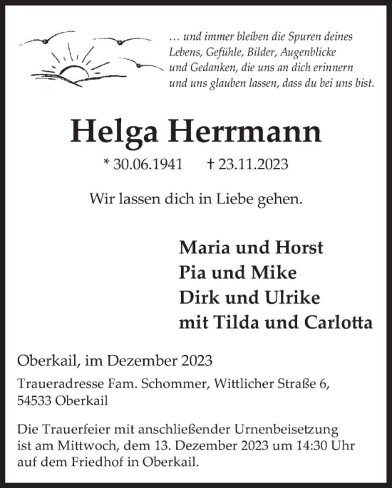 Traueranzeige von Helga Herrmann von WochenSpiegel