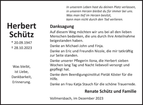Traueranzeige von Herbert Schütz von WochenSpiegel