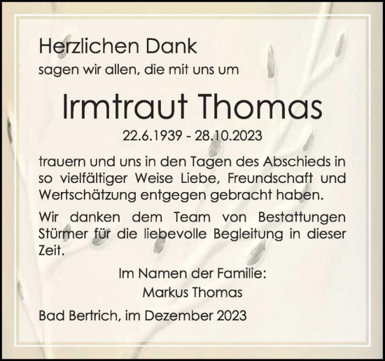 Traueranzeige von Irmtraut Thomas von WochenSpiegel