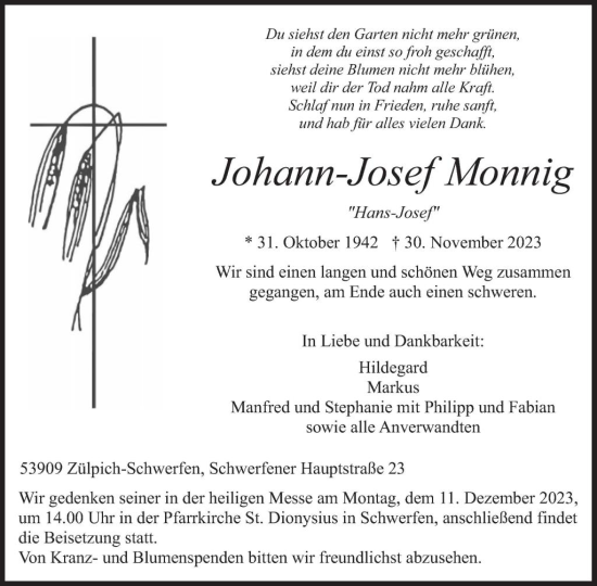 Traueranzeige von Johann-Josef Monnig von WochenSpiegel