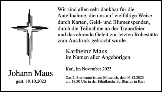 Traueranzeige von Johann Maus von WochenSpiegel