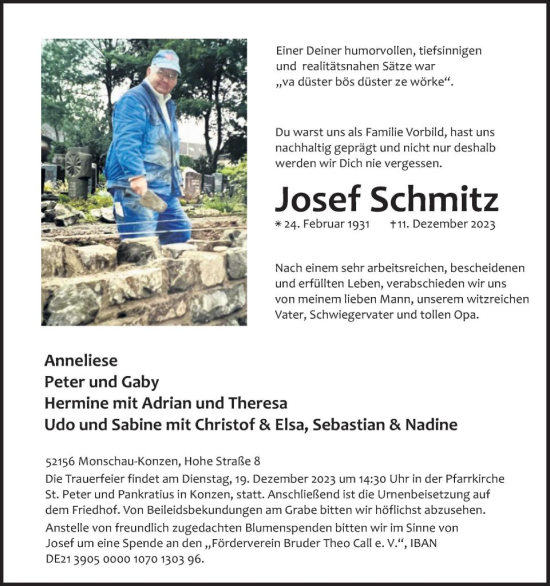 Traueranzeige von Josef Schmitz von WochenSpiegel