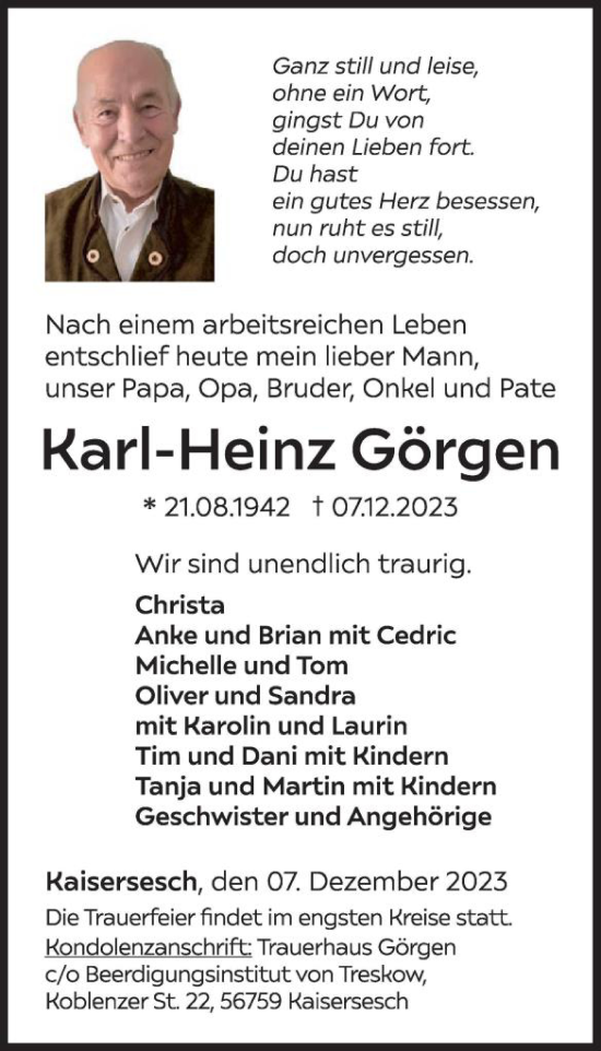 Traueranzeige von Karl-Heinz Görgen von WochenSpiegel