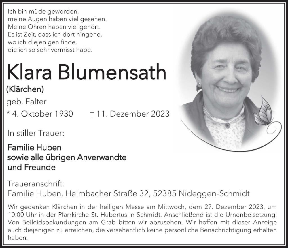  Traueranzeige für Klara Blumensath vom 20.12.2023 aus WochenSpiegel