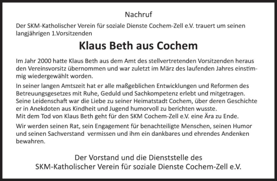 Traueranzeige von Klaus Beth von WochenSpiegel