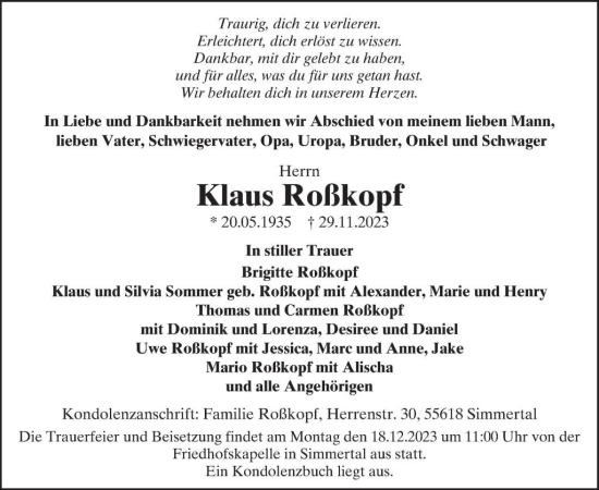 Traueranzeige von Klaus Roßkopf von WochenSpiegel