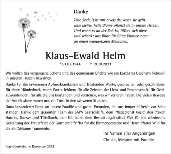 Traueranzeige von Klaus Ewald Helm von WochenSpiegel