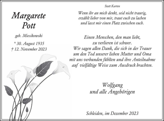 Traueranzeige von Margarete Pott von WochenSpiegel