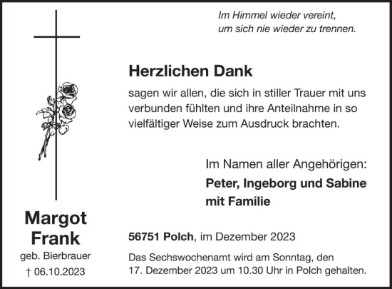 Traueranzeige von Margot Frank von WochenSpiegel