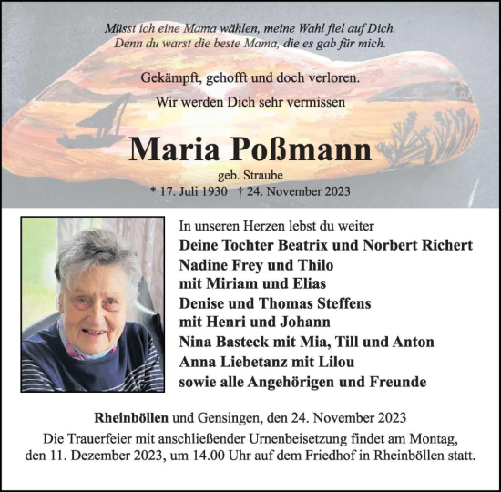 Traueranzeige von Maria Poßmann von WochenSpiegel