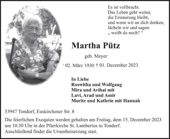 Traueranzeige von Martha Pütz von WochenSpiegel
