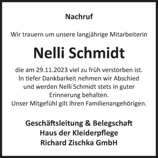 Traueranzeige von Neli Schmidt von WochenSpiegel