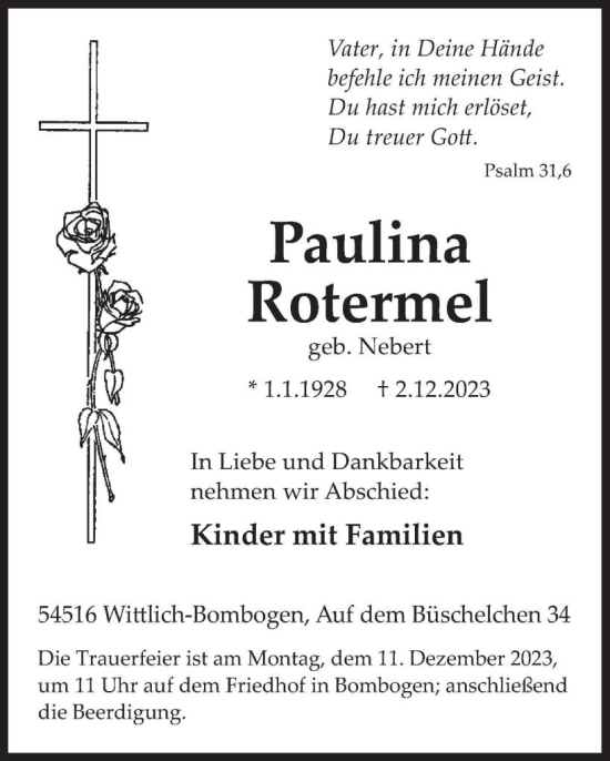 Traueranzeige von Paulina Rotermel von WochenSpiegel