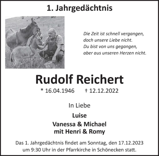 Traueranzeige von Rudolf Reichert von WochenSpiegel