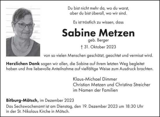 Traueranzeige von Sabine Metzen von WochenSpiegel