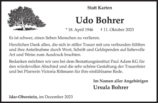 Traueranzeige von Udo Bohrer von WochenSpiegel