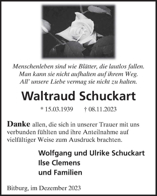 Traueranzeige von Waltraud Schuckart von WochenSpiegel