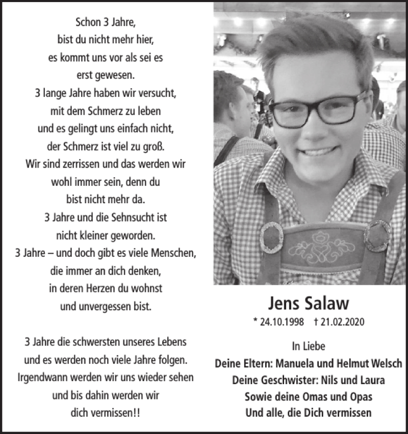  Traueranzeige für Jens Salaw vom 22.02.2023 aus WochenSpiegel