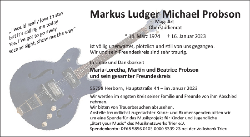  Traueranzeige für Markus Ludger Michael Probson vom 01.02.2023 aus WochenSpiegel