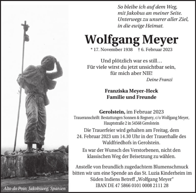  Traueranzeige für Wolfgang Meyer vom 18.02.2023 aus WochenSpiegel