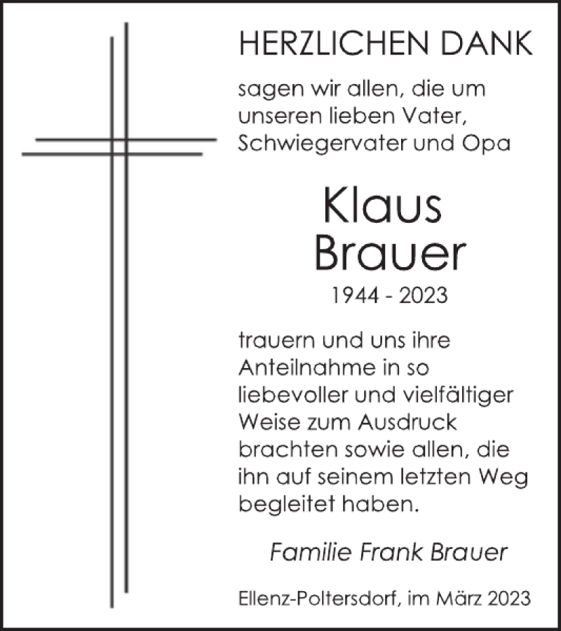  Traueranzeige für Klaus Brauer vom 15.03.2023 aus WochenSpiegel