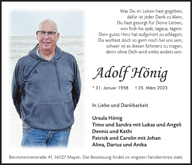  Traueranzeige für Adolf Hönig vom 05.04.2023 aus WochenSpiegel