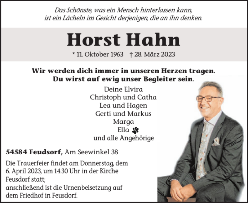  Traueranzeige für Horst Hahn vom 01.04.2023 aus WochenSpiegel