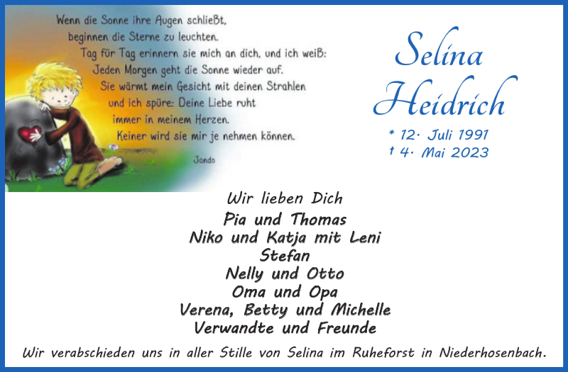  Traueranzeige für Selina Heidrich vom 17.05.2023 aus WochenSpiegel