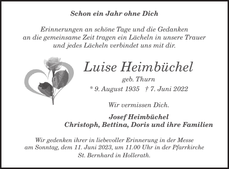  Traueranzeige für Luise Heimbüchel vom 07.06.2023 aus WochenSpiegel