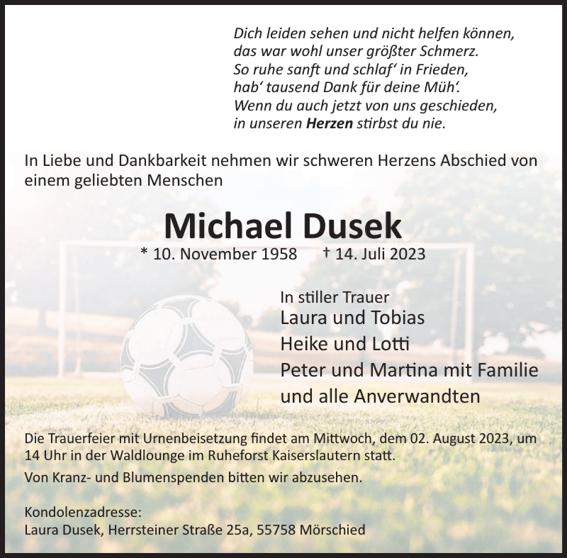  Traueranzeige für Michael Dusek vom 26.07.2023 aus WochenSpiegel