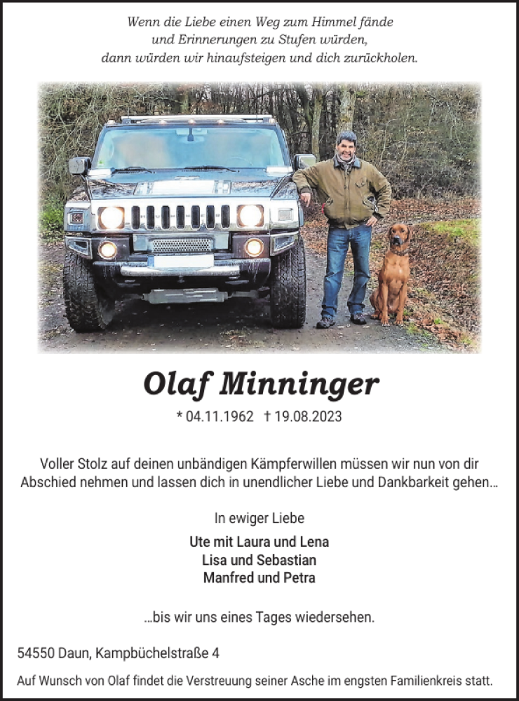  Traueranzeige für Olaf Minninger vom 26.08.2023 aus WochenSpiegel