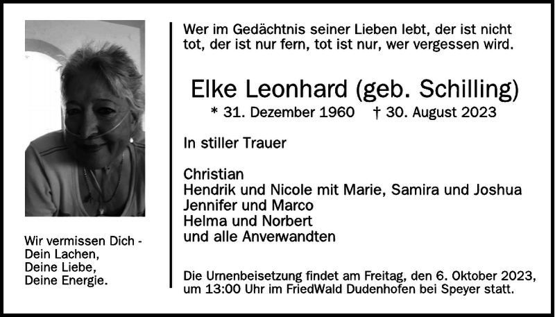  Traueranzeige für Elke Leonhard vom 16.09.2023 aus WochenSpiegel