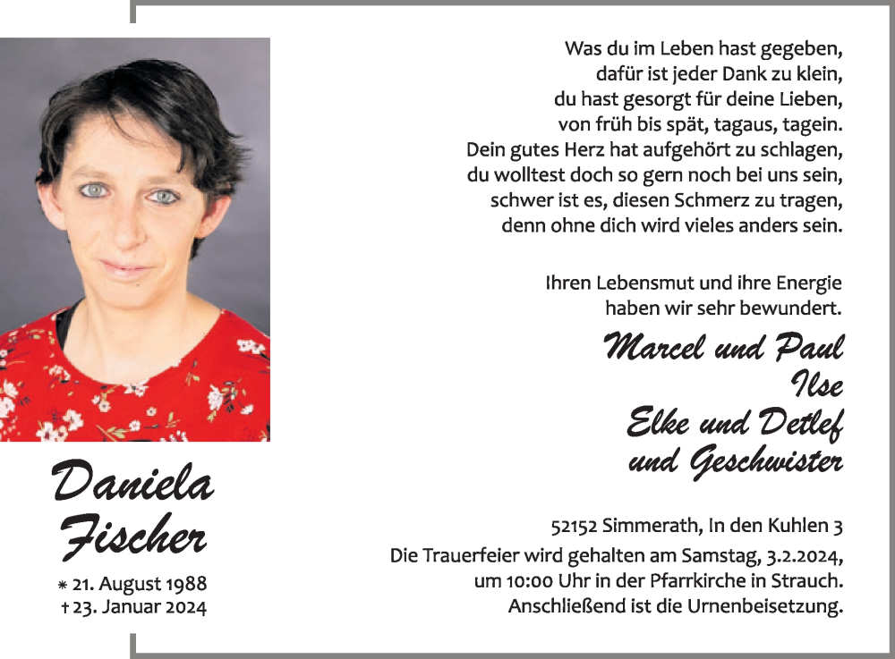  Traueranzeige für Daniela Fischer vom 31.01.2024 aus WochenSpiegel