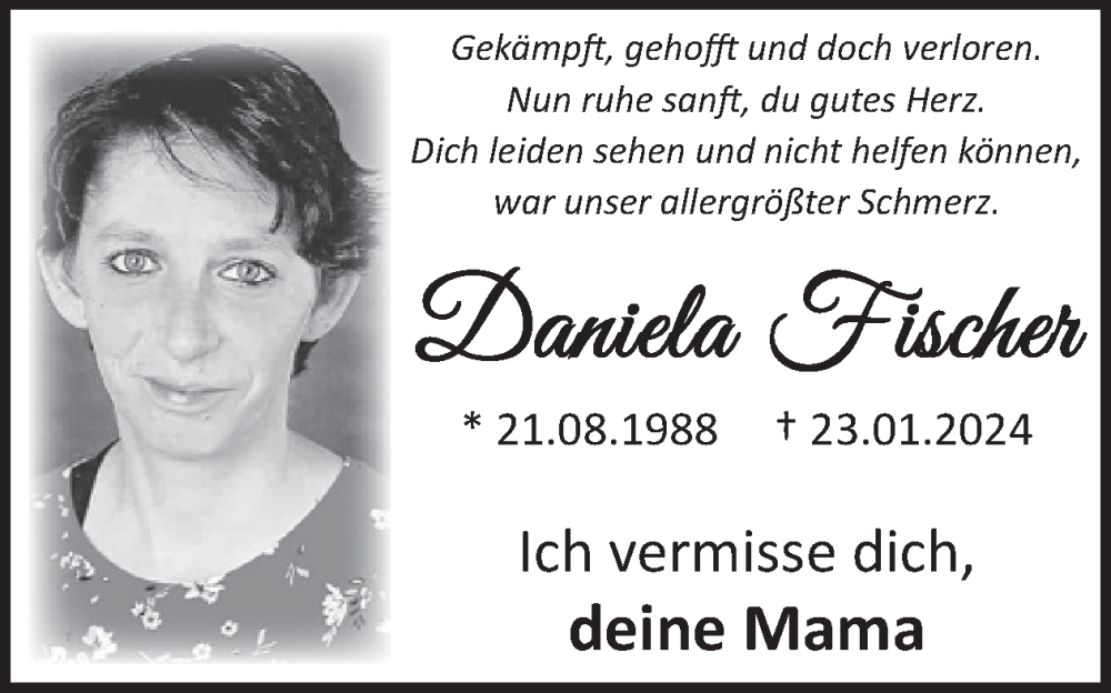  Traueranzeige für Daniela Fischer vom 31.01.2024 aus WochenSpiegel