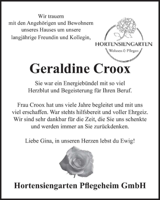 Traueranzeige von Geraldine Croox von WochenSpiegel