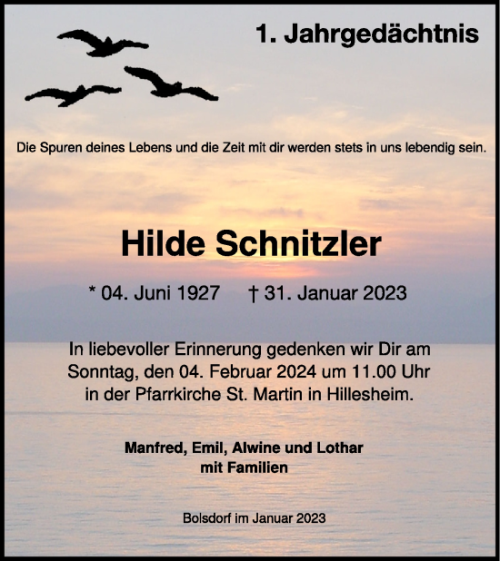 Traueranzeige von Hilde Schnitzler von WochenSpiegel