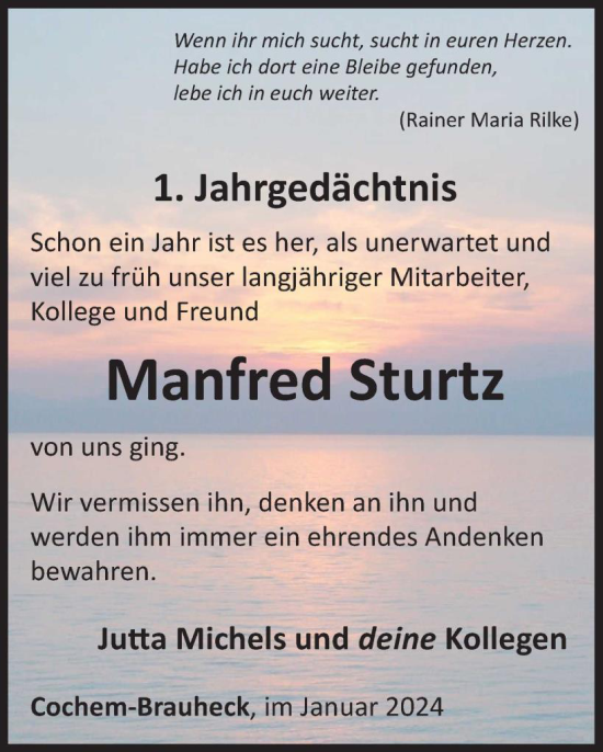Traueranzeige von Manfred Sturtz von WochenSpiegel