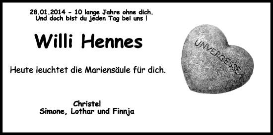 Traueranzeige von Willi Hennes von WochenSpiegel