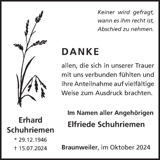 Traueranzeige von Erhard Schuhriemen von WochenSpiegel