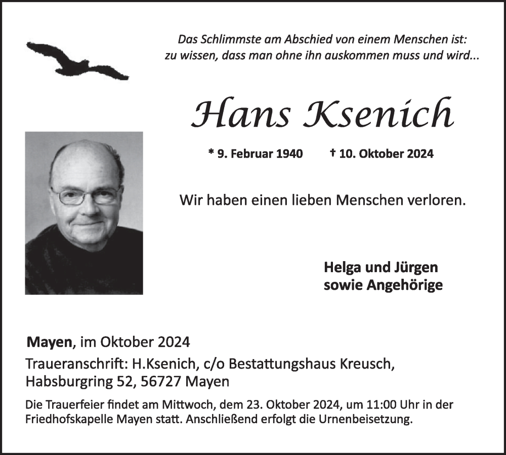  Traueranzeige für Hans Ksenich vom 16.10.2024 aus WochenSpiegel