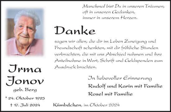 Traueranzeige von Irma Jonov von WochenSpiegel