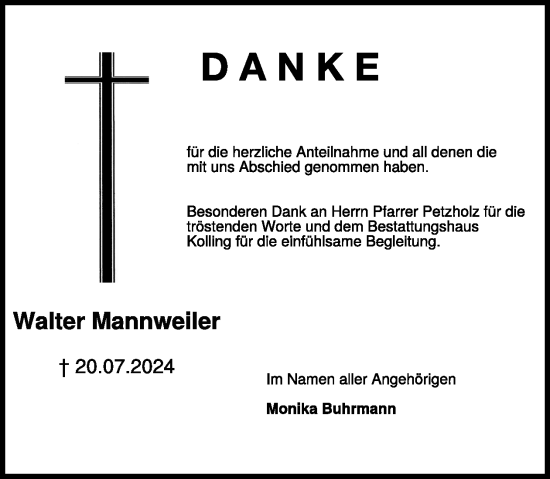 Traueranzeige von Walter Mannweiler von WochenSpiegel