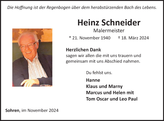 Traueranzeige von Heinz Schneider von WochenSpiegel