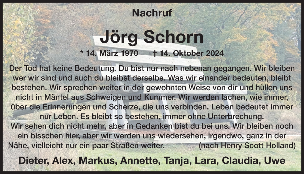  Traueranzeige für Jörg Schorn vom 09.11.2024 aus WochenSpiegel