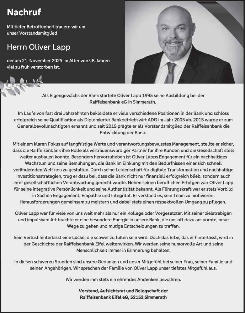  Traueranzeige für Oliver Lapp vom 27.11.2024 aus WochenSpiegel
