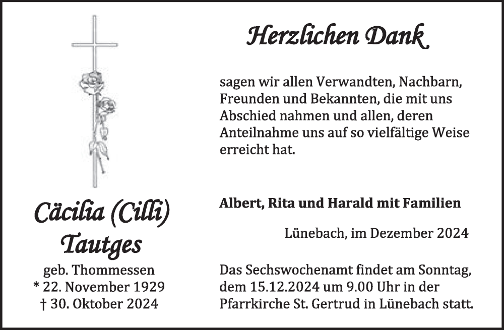  Traueranzeige für Cäcilia Tautges vom 06.12.2024 aus WochenSpiegel